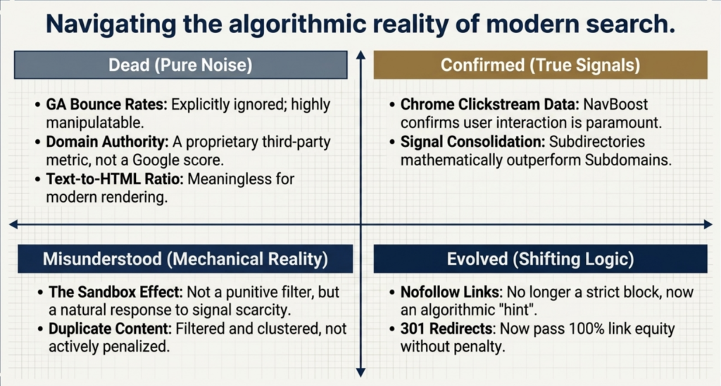 An infographic matrix titled "Navigating the algorithmic reality of modern search." The diagram is divided into four quadrants: "Dead (Pure Noise)" listing Google Analytics bounce rates, Domain Authority, and text-to-HTML ratio; "Confirmed (True Signals)" covering Chrome clickstream data and signal consolidation; "Misunderstood (Mechanical Reality)" discussing the Sandbox effect and duplicate content; and "Evolved (Shifting Logic)" covering nofollow links and 301 redirects.