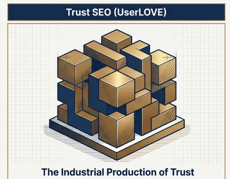 An illustration titled "Trust SEO (UserLOVE)" at the top and "The Industrial Production of Trust" at the bottom. The central graphic features a complex, isometric three-dimensional block puzzle resembling a Rubik's cube or interlocking mechanical parts, rendered in gold and dark blue tones on a white grid background.