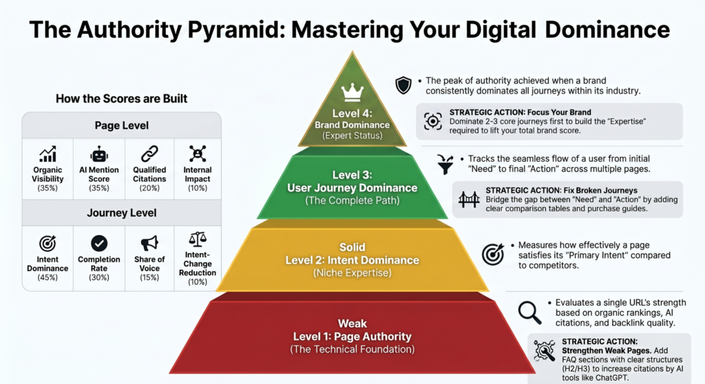 Infographic diagram titled "The Authority Pyramid: Mastering Your Digital Dominance". It shows a four-level pyramid: Level 1 (Weak) Page Authority, Level 2 (Solid) Intent Dominance, Level 3 User Journey Dominance, and Level 4 Brand Dominance. On the left, it breaks down how scores are built at the Page Level and Journey Level using metrics like Organic Visibility, AI Mention Score, and Intent Dominance.