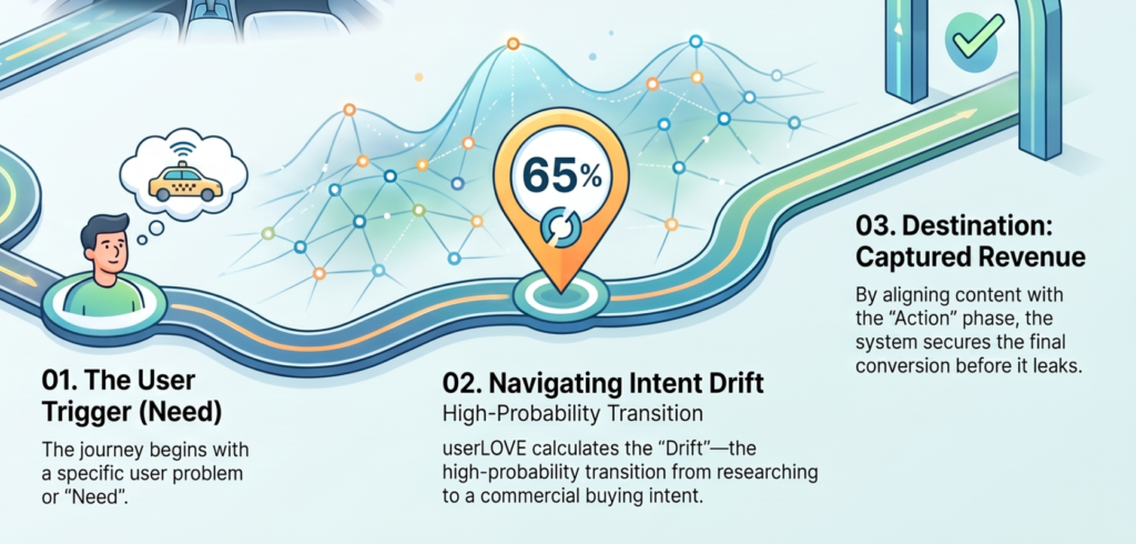 An infographic detailing a user conversion journey roadmap. It shows three numbered steps along a winding road: '01. The User Trigger (Need)' showing a man thinking of a taxi, leading to '02. Navigating Intent Drift' featuring a 65% pin marker set against a blue data node network, and ending at '03. Destination: Captured Revenue' symbolized by a green archway with a checkmark.