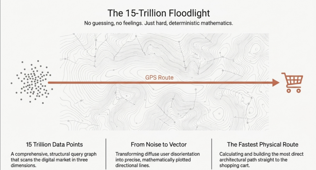 Infographic titled "The 15-Trillion Floodlight" featuring a detailed, wavy topographic map backdrop. A straight orange arrow labeled "GPS Route" cuts directly across the map from a cluster of scattered dots on the left (representing "15 Trillion Data Points") to a shopping cart icon on the right. The bottom text breaks down the process into three columns: "15 Trillion Data Points", "From Noise to Vector", and "The Fastest Physical Route".