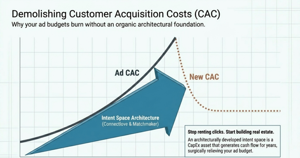 Line graph titled "Demolishing Customer Acquisition Costs (CAC)" showing an upward curve for "Ad CAC". A large blue arrow labeled "Intent Space Architecture (Connectlove & Matchmaker)" pushes against the curve, causing it to drop sharply into a lower, stable dotted line labeled "New CAC". A text box in the corner reads "Stop renting clicks. Start building real estate."